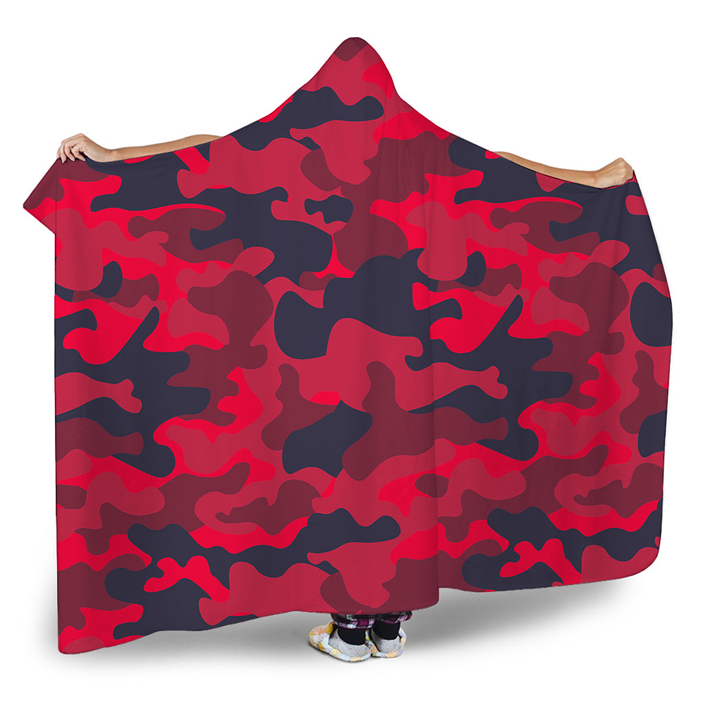 Red Pink And Black Camouflage Print Hooded Blanket