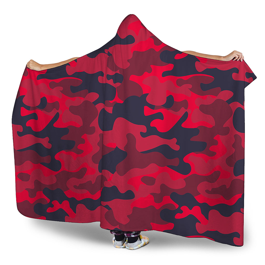 Red Pink And Black Camouflage Print Hooded Blanket