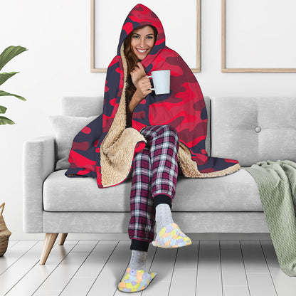 Red Pink And Black Camouflage Print Hooded Blanket