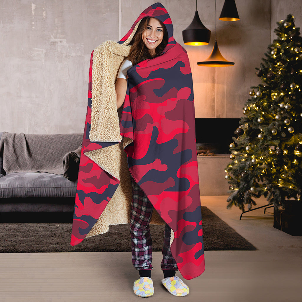 Red Pink And Black Camouflage Print Hooded Blanket
