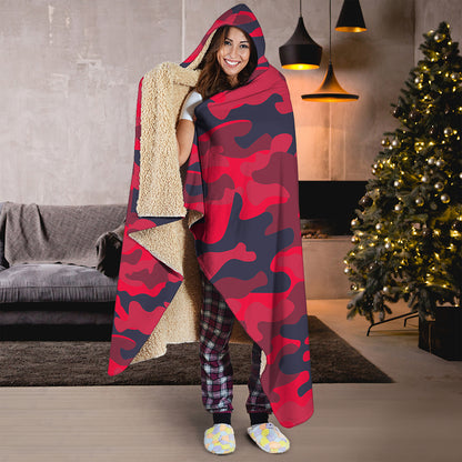 Red Pink And Black Camouflage Print Hooded Blanket