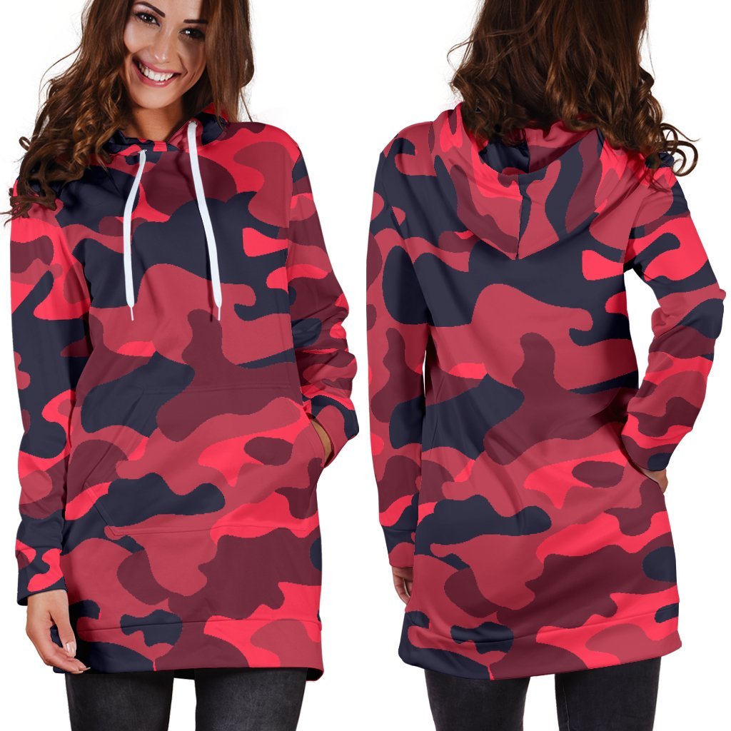 Red Pink And Black Camouflage Print Hoodie Dress GearFrost