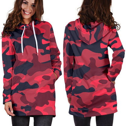 Red Pink And Black Camouflage Print Hoodie Dress GearFrost