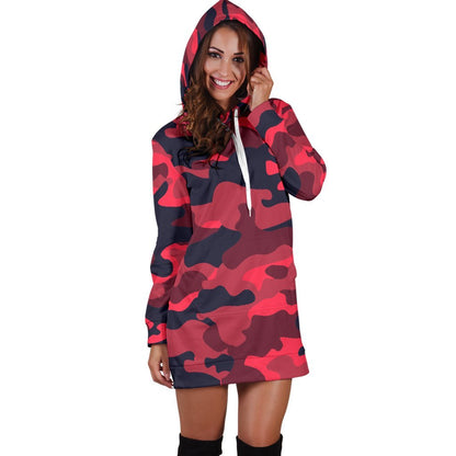 Red Pink And Black Camouflage Print Hoodie Dress GearFrost