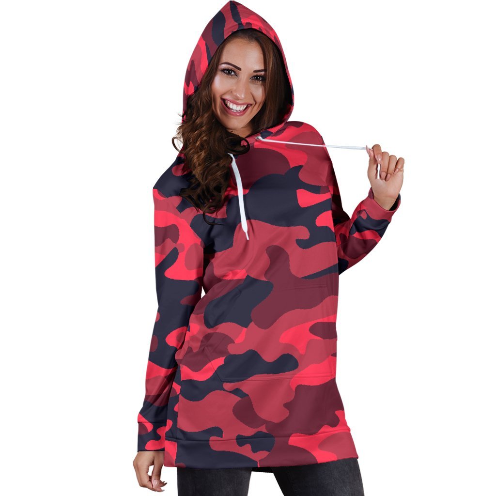 Red Pink And Black Camouflage Print Hoodie Dress GearFrost