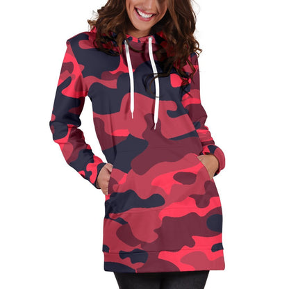 Red Pink And Black Camouflage Print Hoodie Dress GearFrost