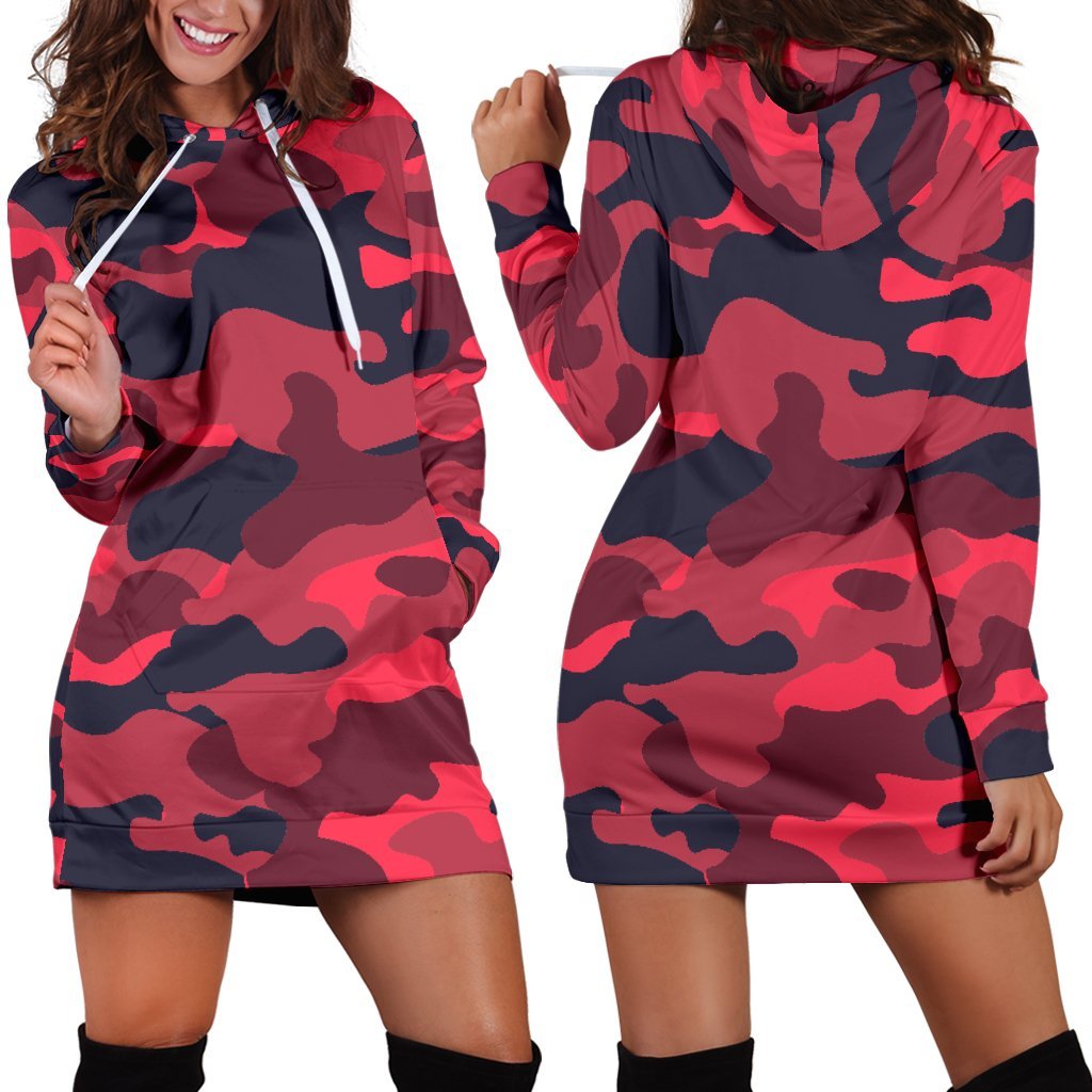 Red Pink And Black Camouflage Print Hoodie Dress GearFrost