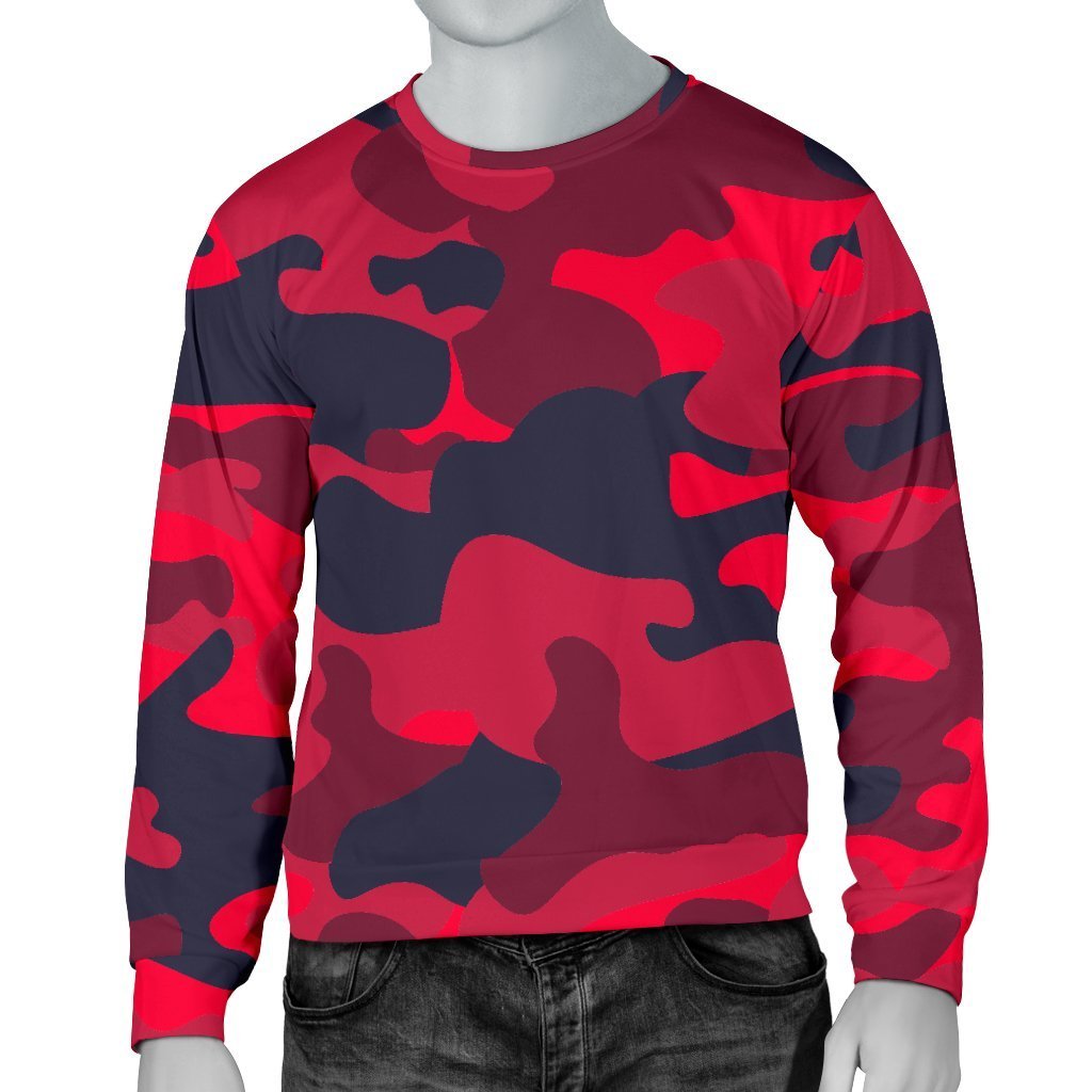 Red Pink And Black Camouflage Print Men's Crewneck Sweatshirt GearFrost
