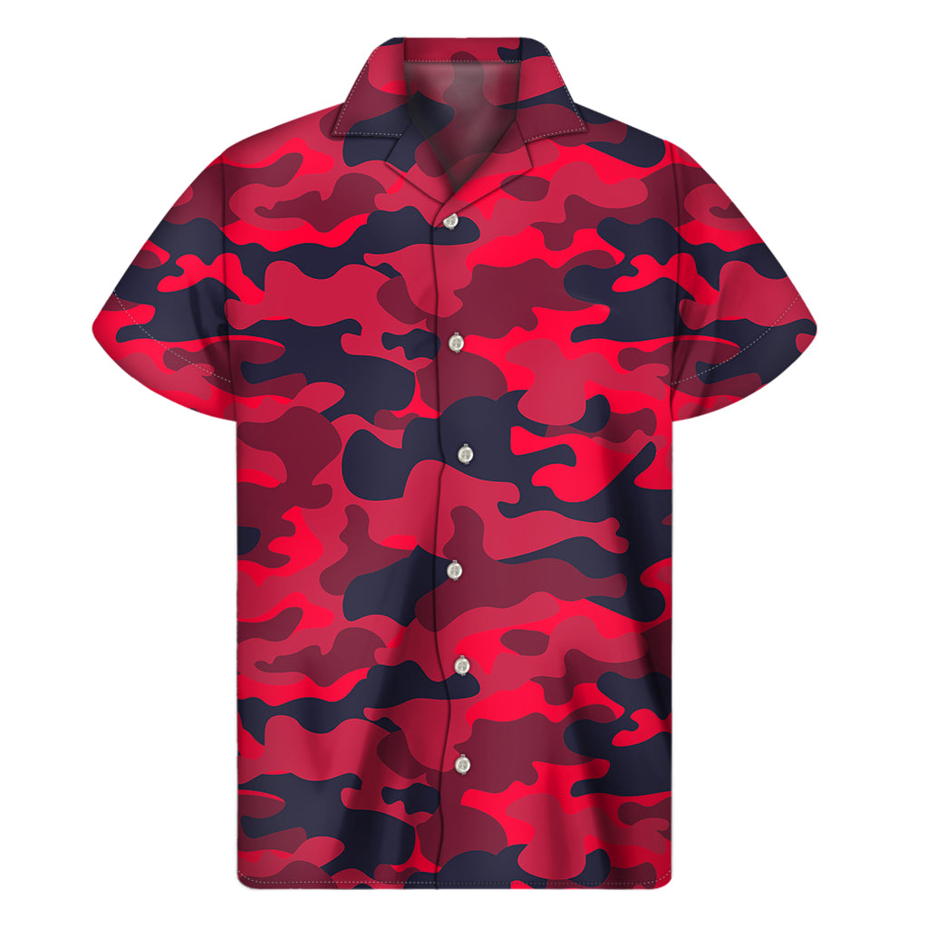 Red Pink And Black Camouflage Print Men's Short Sleeve Shirt