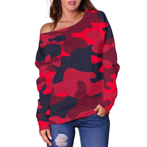 Red Pink And Black Camouflage Print Off Shoulder Sweatshirt GearFrost