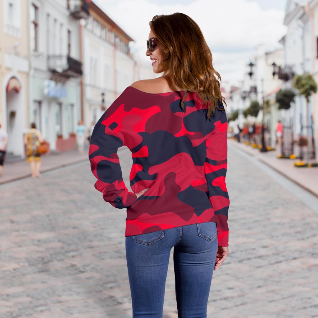 Red Pink And Black Camouflage Print Off Shoulder Sweatshirt GearFrost