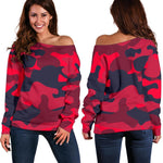 Red Pink And Black Camouflage Print Off Shoulder Sweatshirt GearFrost