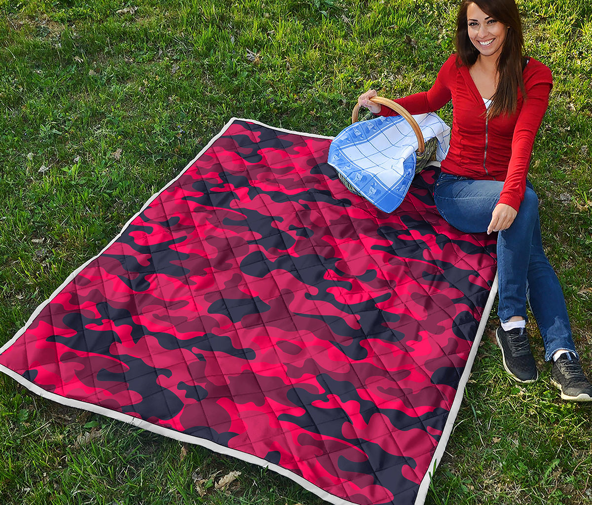 Red Pink And Black Camouflage Print Quilt