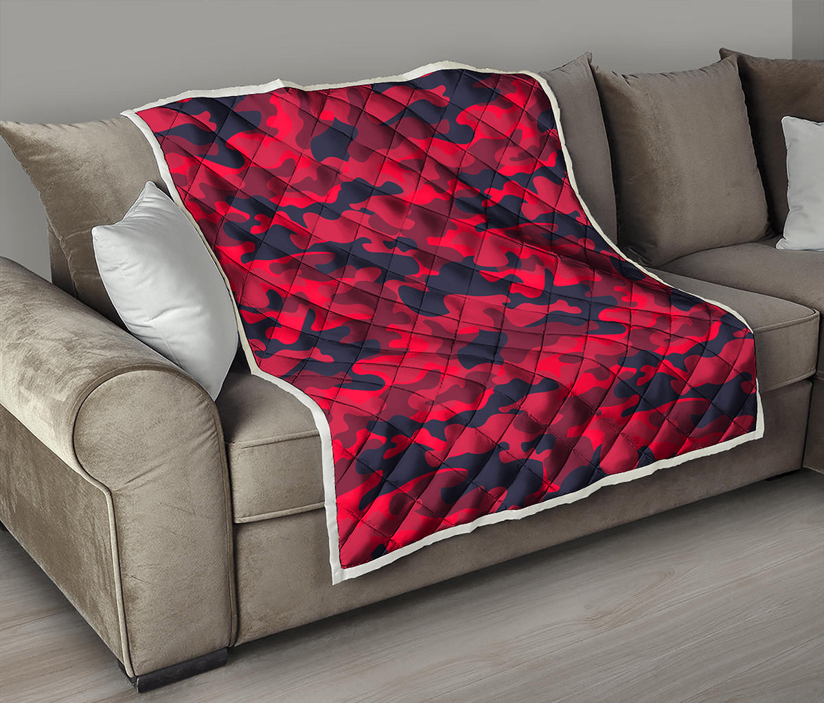 Red Pink And Black Camouflage Print Quilt
