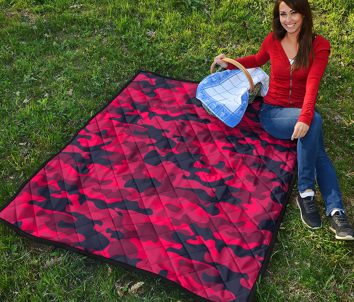 Red Pink And Black Camouflage Print Quilt
