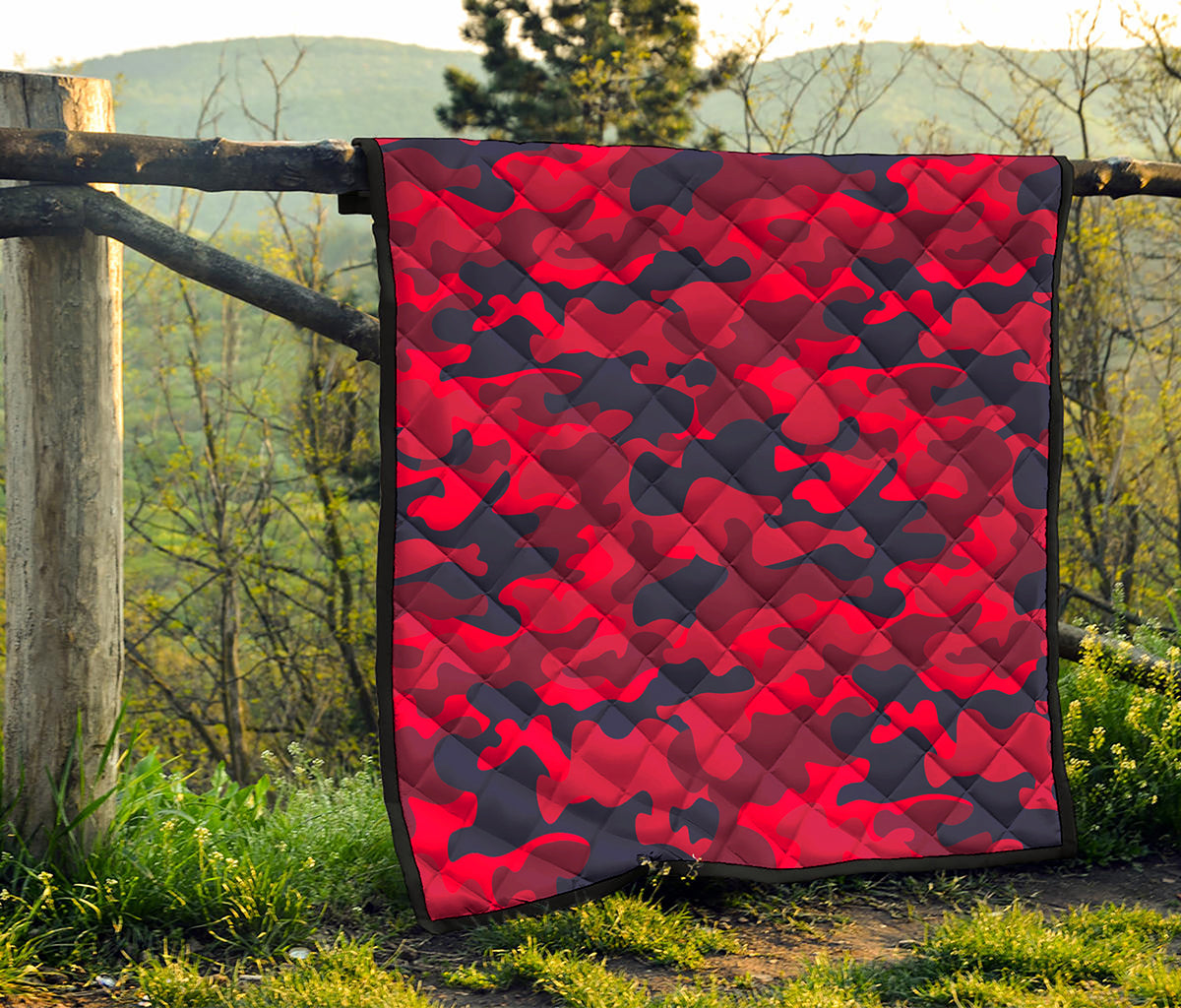 Red Pink And Black Camouflage Print Quilt