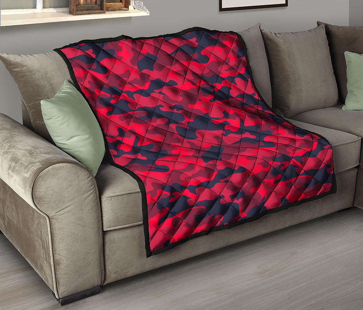 Red Pink And Black Camouflage Print Quilt