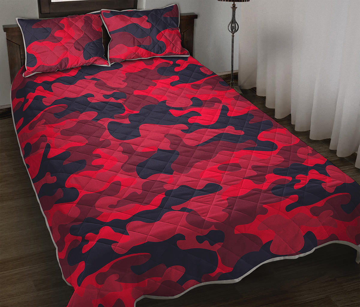 Red Pink And Black Camouflage Print Quilt Bed Set