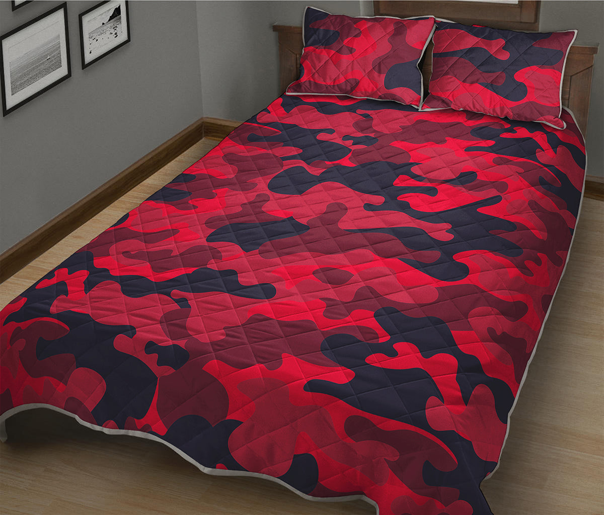 Red Pink And Black Camouflage Print Quilt Bed Set