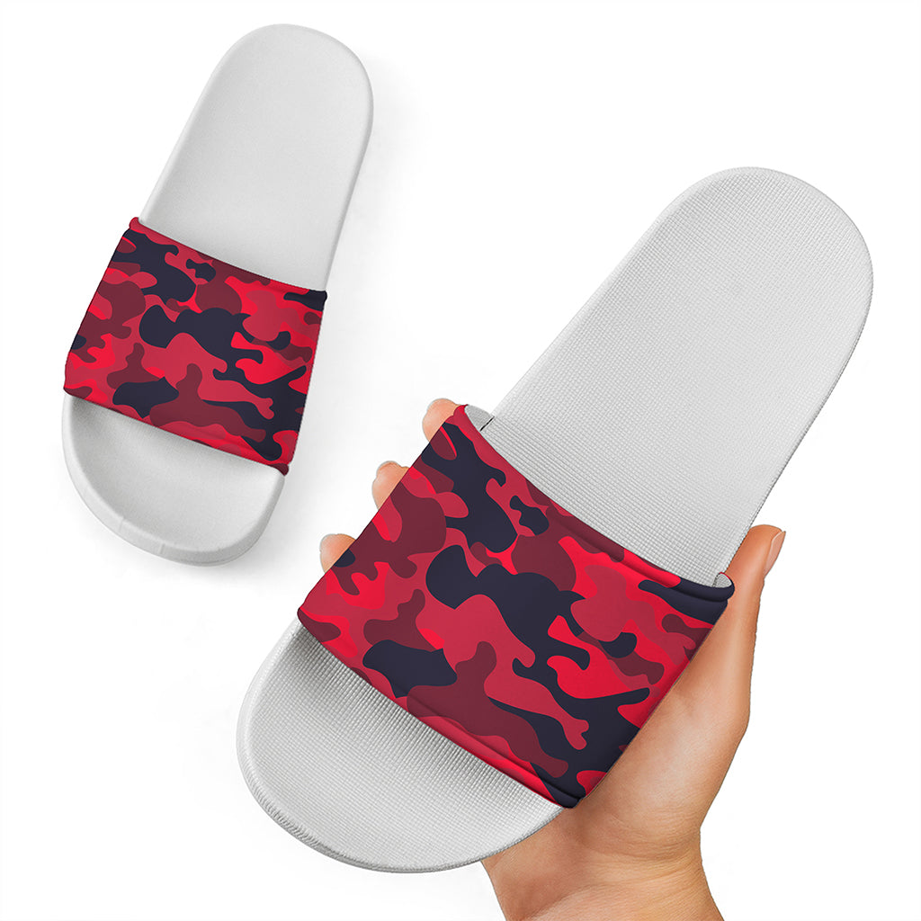 Red Pink And Black Camouflage Print White Slide Sandals