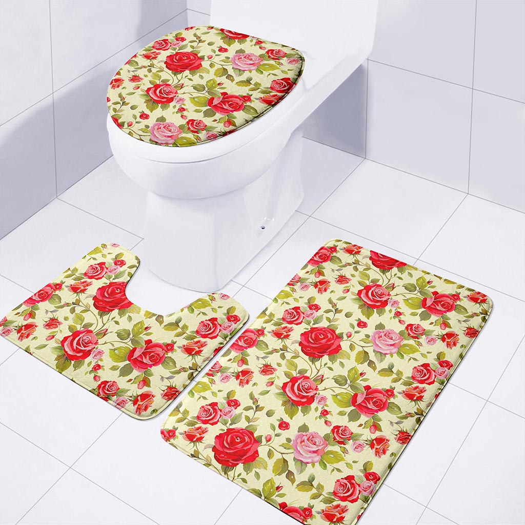 Red Pink Rose Floral Pattern Print 3 Piece Bath Mat Set