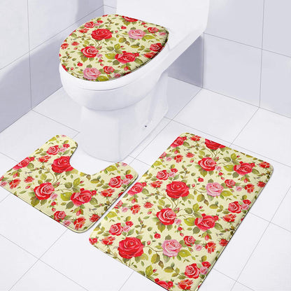 Red Pink Rose Floral Pattern Print 3 Piece Bath Mat Set