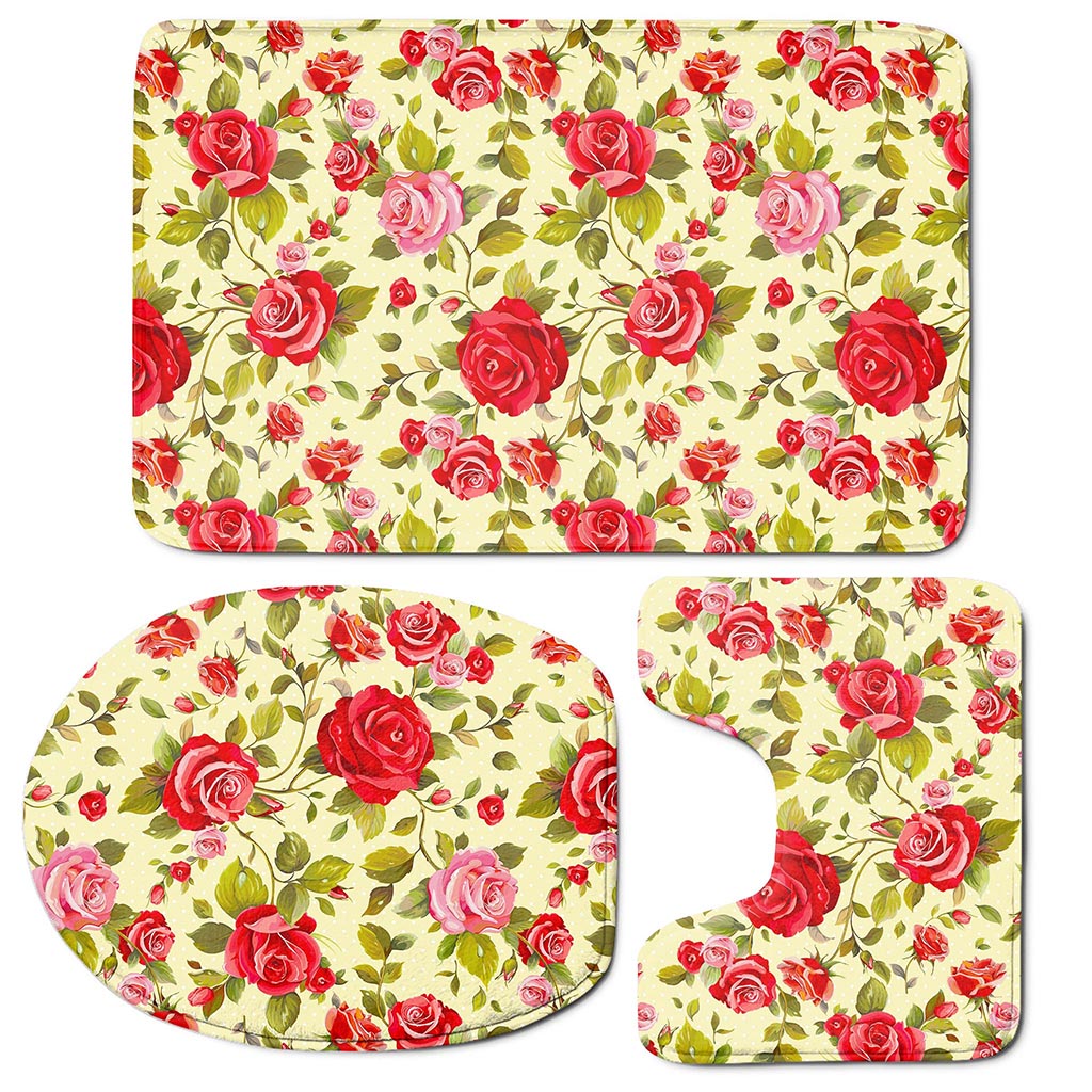 Red Pink Rose Floral Pattern Print 3 Piece Bath Mat Set