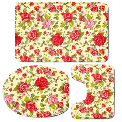 Red Pink Rose Floral Pattern Print 3 Piece Bath Mat Set