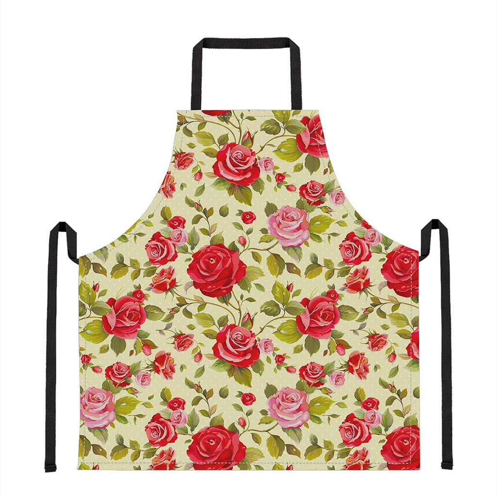 Red Pink Rose Floral Pattern Print Apron