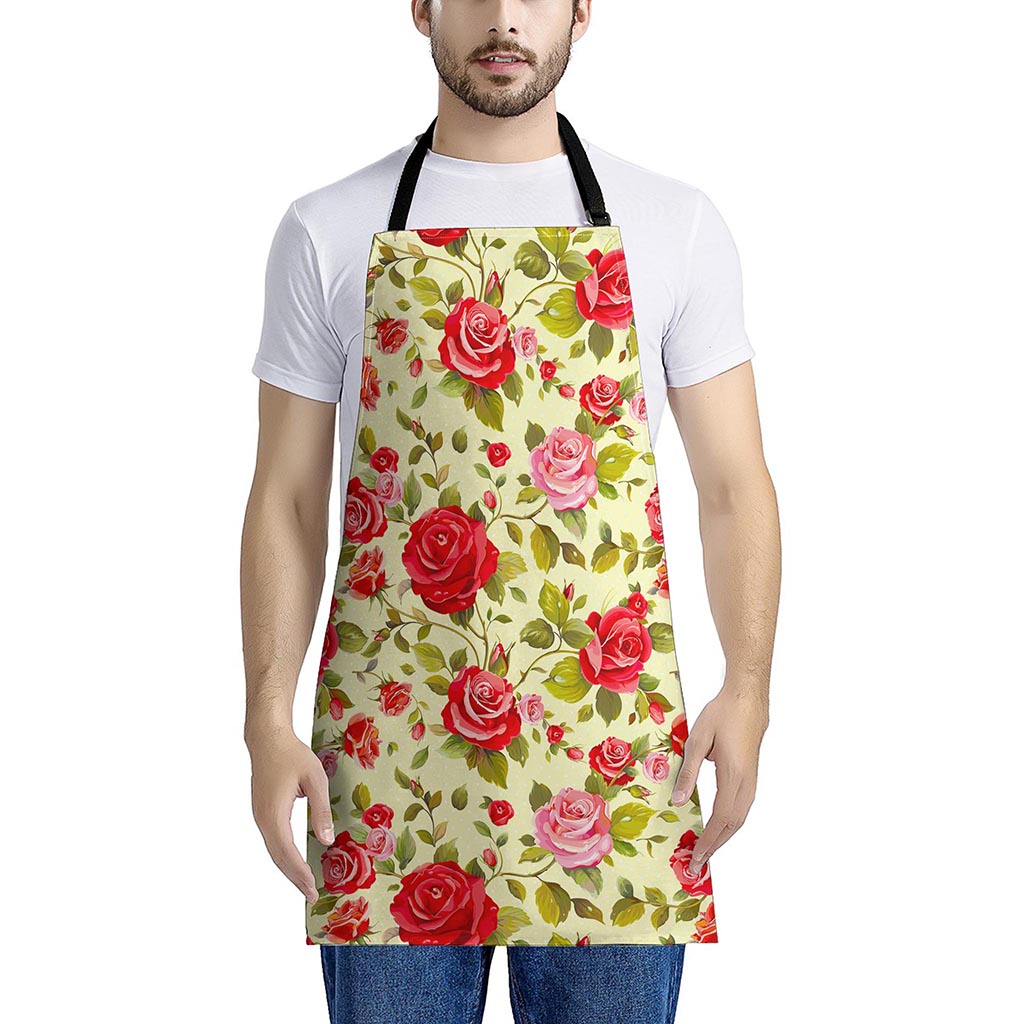 Red Pink Rose Floral Pattern Print Apron