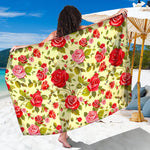 Red Pink Rose Floral Pattern Print Beach Sarong Wrap