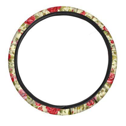 Red Pink Rose Floral Pattern Print Car Steering Wheel Cover
