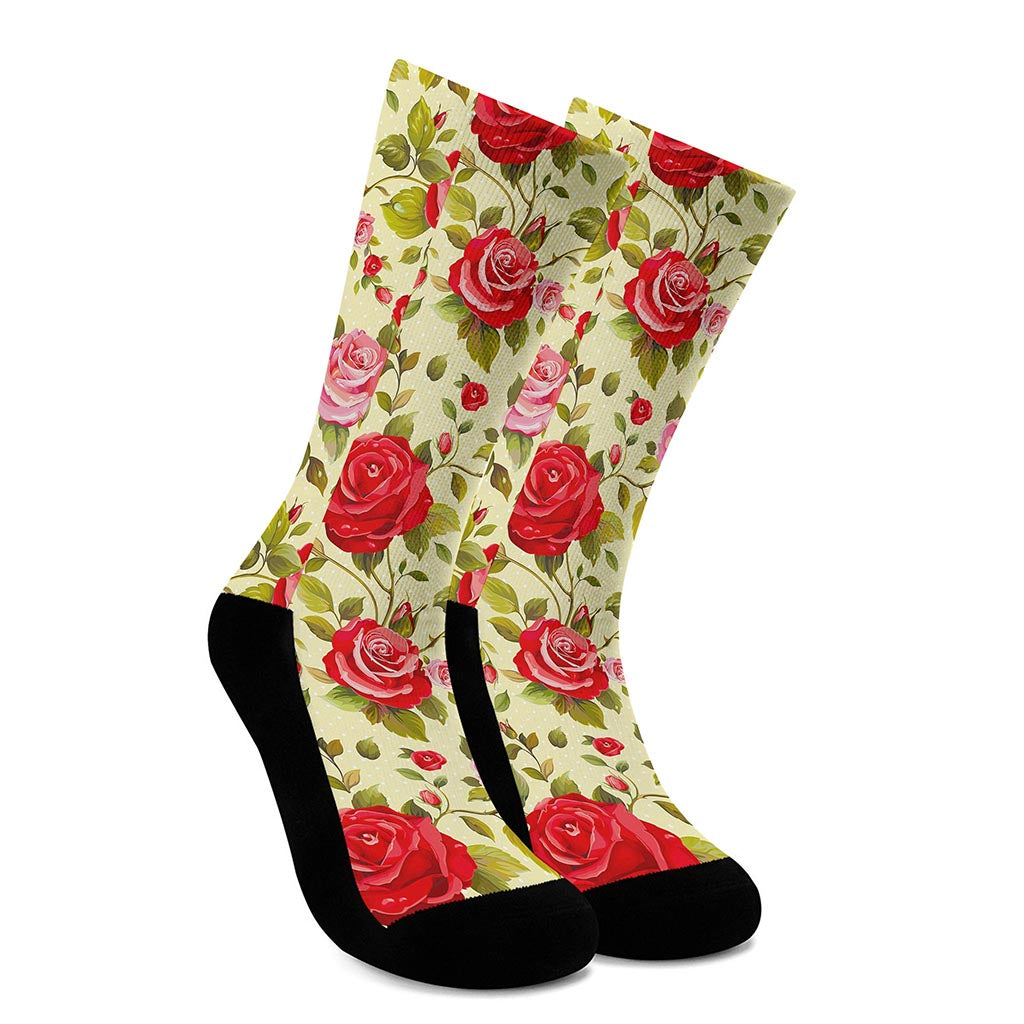 Red Pink Rose Floral Pattern Print Crew Socks