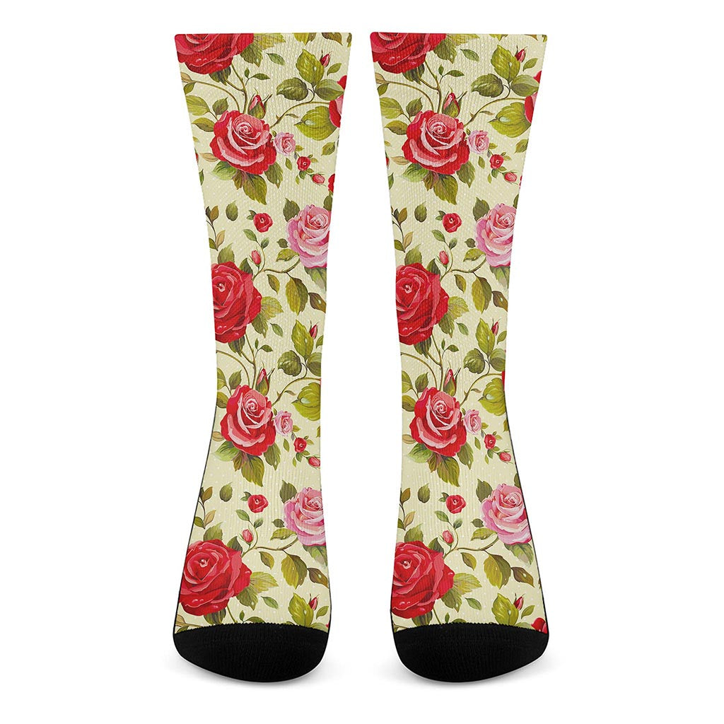 Red Pink Rose Floral Pattern Print Crew Socks