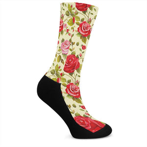 Red Pink Rose Floral Pattern Print Crew Socks