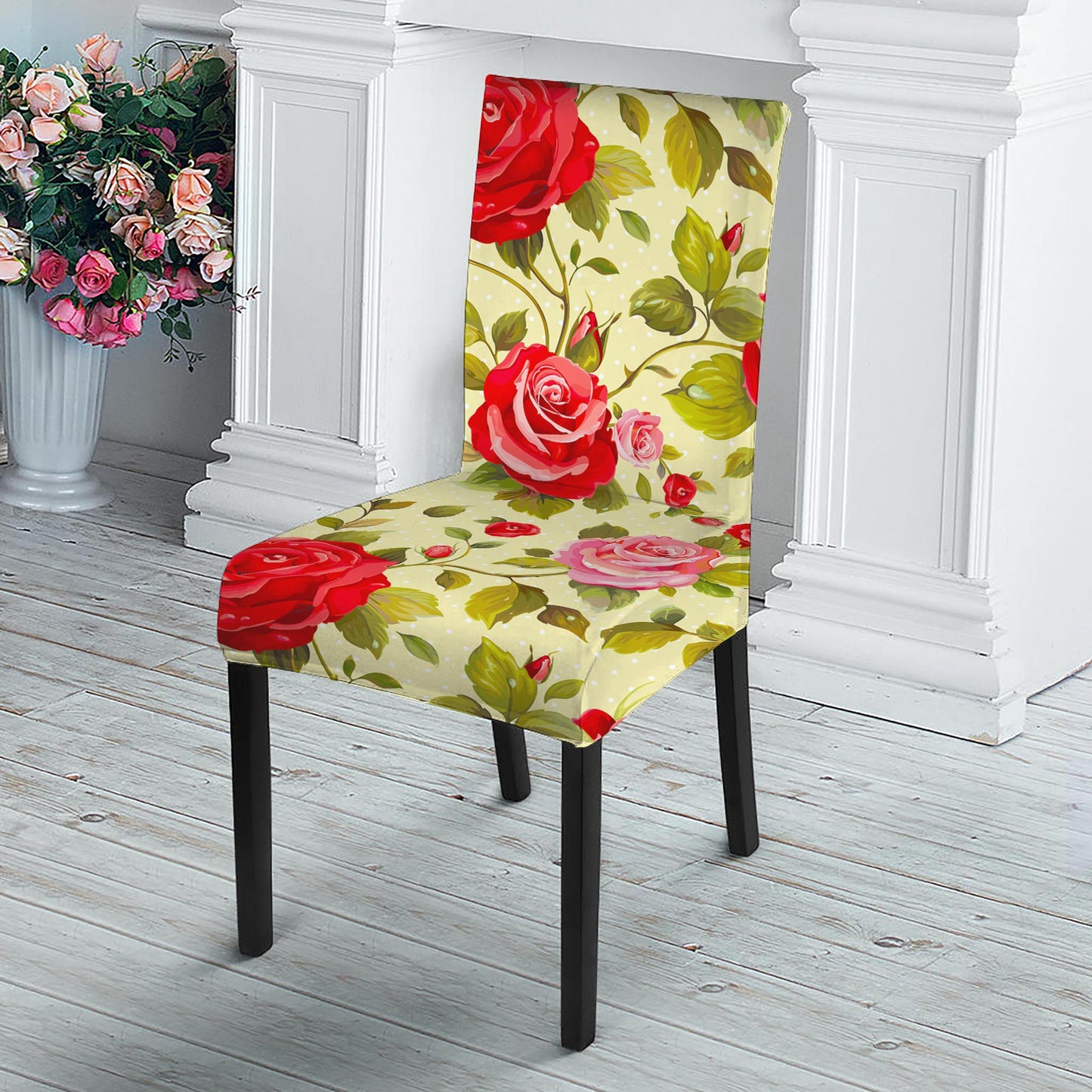 Red Pink Rose Floral Pattern Print Dining Chair Slipcover