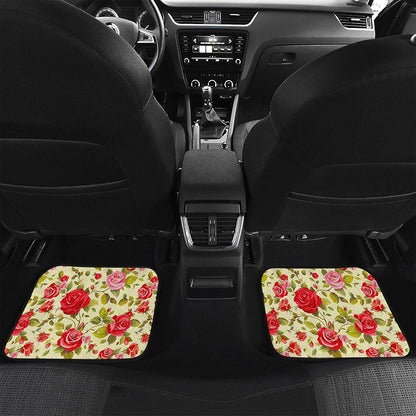 Red Pink Rose Floral Pattern Print Front and Back Car Floor Mats