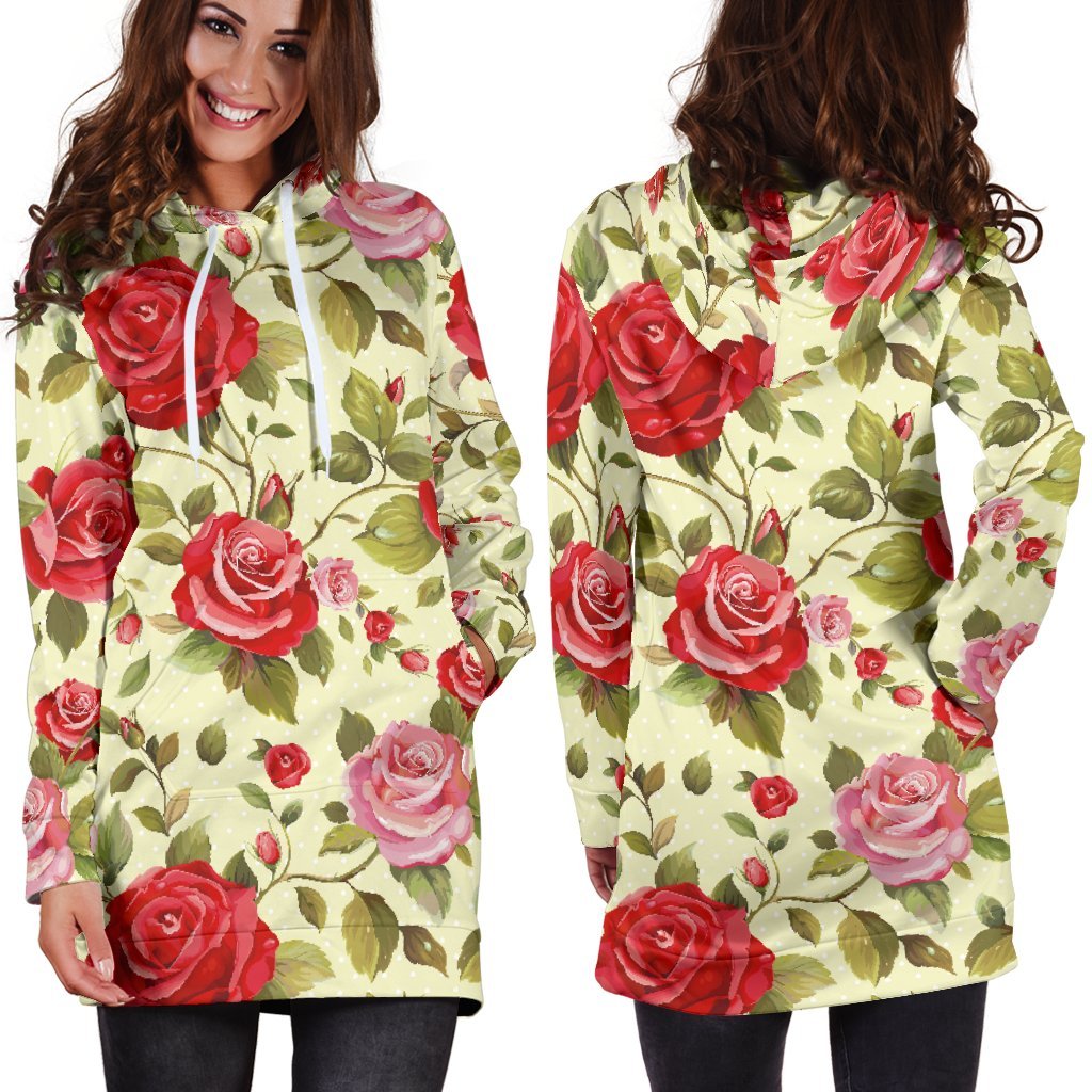 Red Pink Rose Floral Pattern Print Hoodie Dress GearFrost