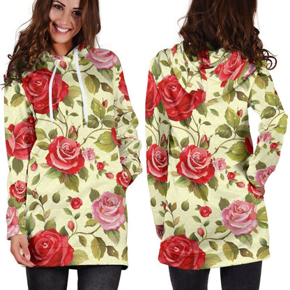 Red Pink Rose Floral Pattern Print Hoodie Dress GearFrost