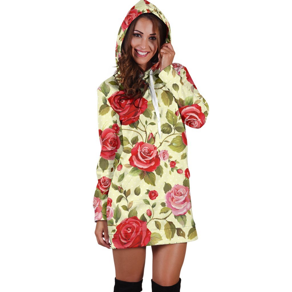 Red Pink Rose Floral Pattern Print Hoodie Dress GearFrost