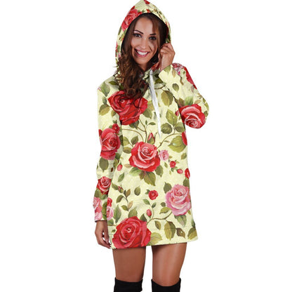 Red Pink Rose Floral Pattern Print Hoodie Dress GearFrost