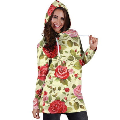 Red Pink Rose Floral Pattern Print Hoodie Dress GearFrost