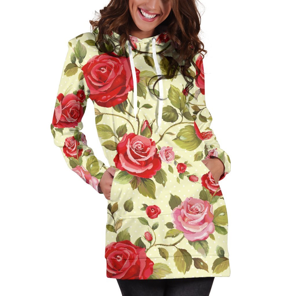 Red Pink Rose Floral Pattern Print Hoodie Dress GearFrost