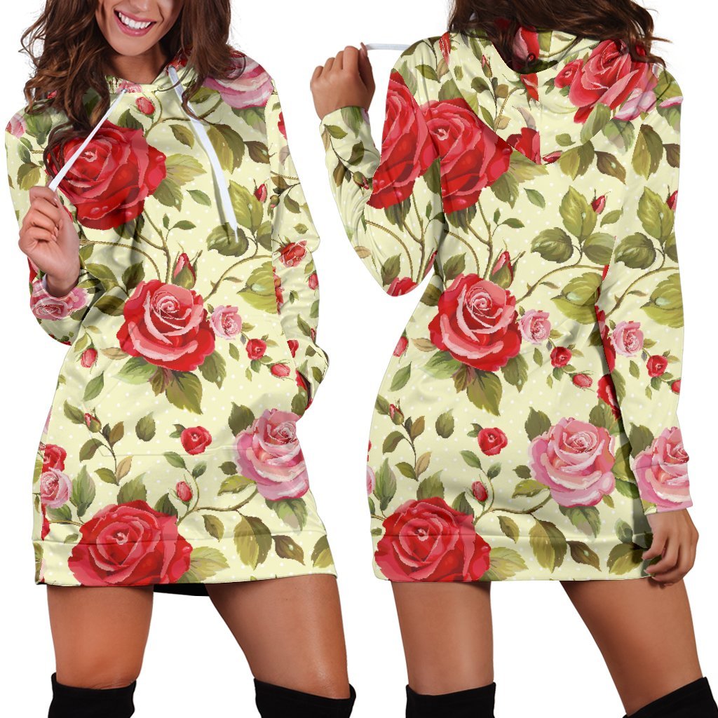 Red Pink Rose Floral Pattern Print Hoodie Dress GearFrost