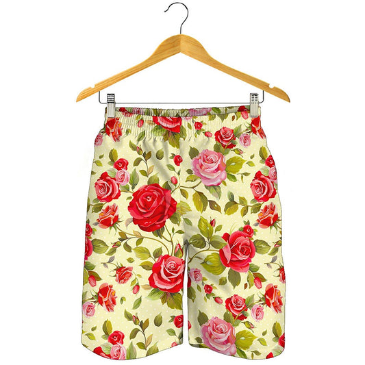 Red Pink Rose Floral Pattern Print Men's Shorts