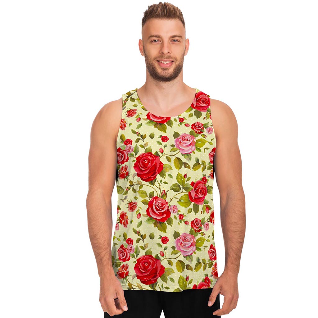 Red Pink Rose Floral Pattern Print Men's Tank Top