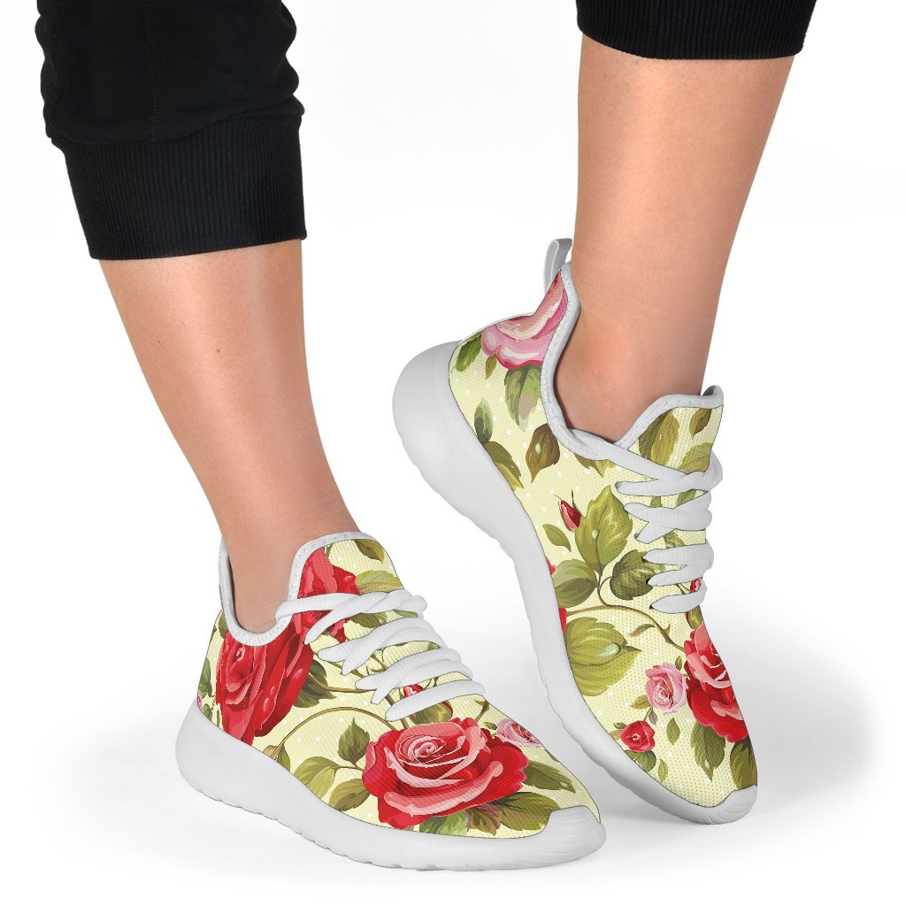 Red Pink Rose Floral Pattern Print Mesh Knit Shoes GearFrost