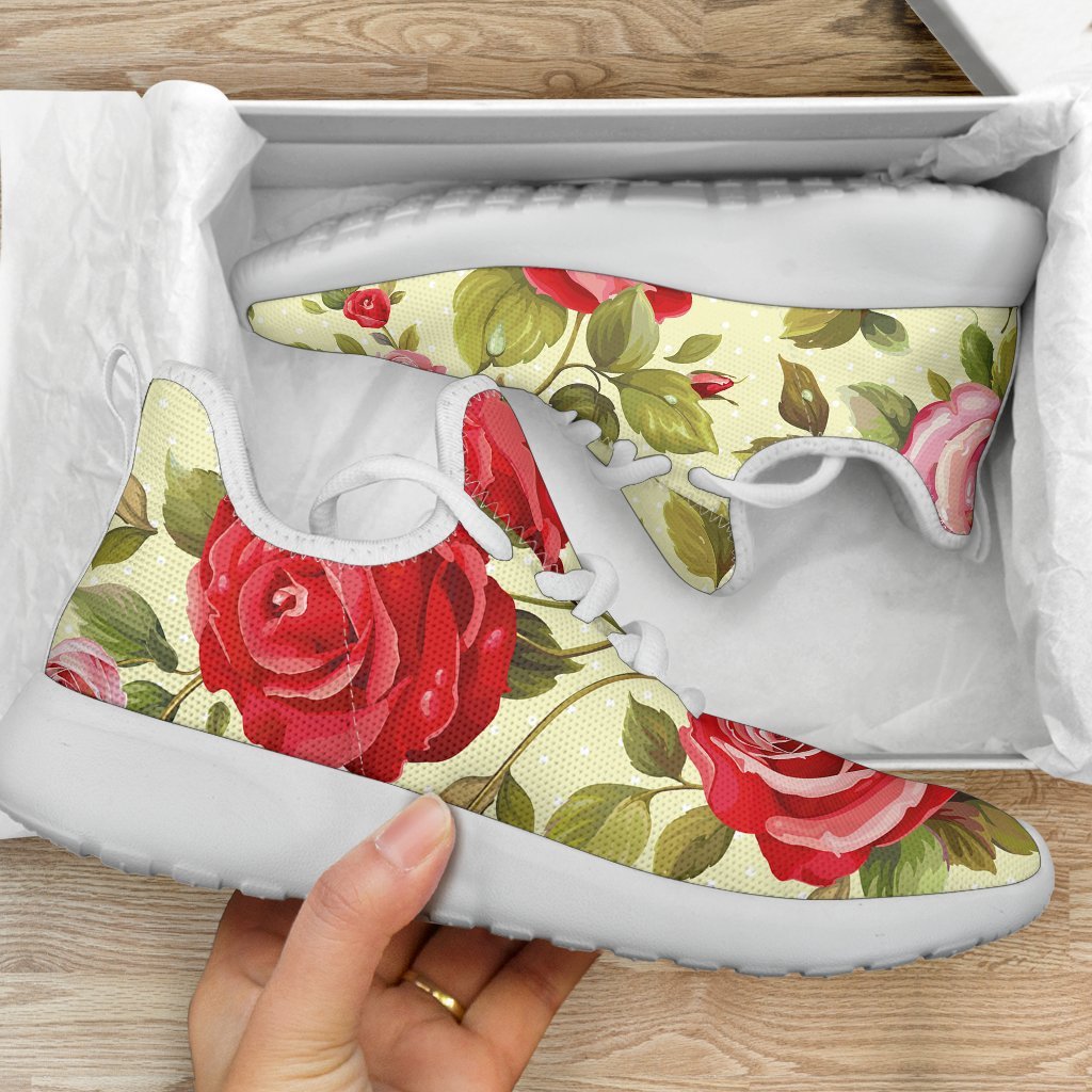 Red Pink Rose Floral Pattern Print Mesh Knit Shoes GearFrost