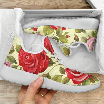 Red Pink Rose Floral Pattern Print Mesh Knit Shoes GearFrost