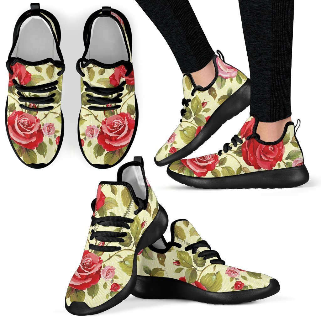 Red Pink Rose Floral Pattern Print Mesh Knit Shoes GearFrost
